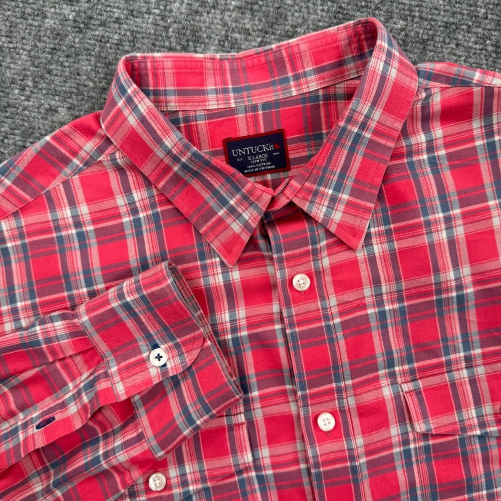 UNTUCKit Shirt X Large Red Plaid Slim Fit Long Sleeve Cotton Button Up Men's